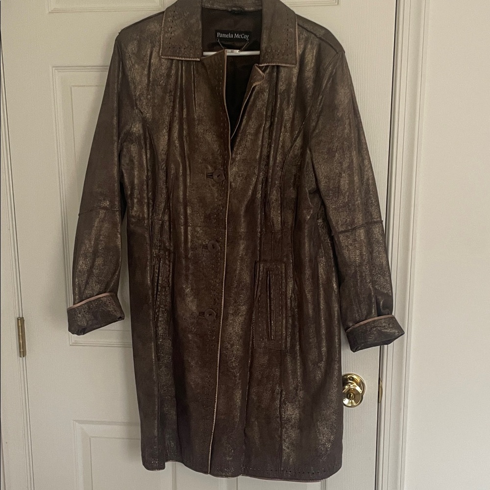 Pamela McCoy Leather Bronze Trench Coat